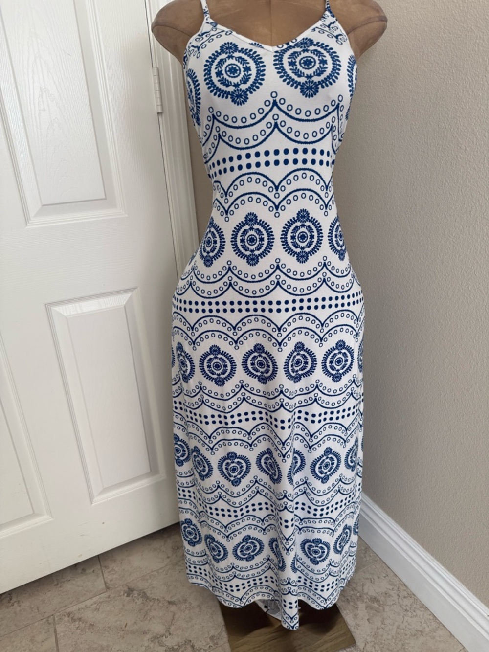Blue & White Printed Spaghetti-Strap Maxi Dress